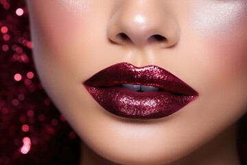 Fototapeta premium Makeup with burgundy lips close up. Glossy lipstick. Luxury evening make-up. Metallic glitter