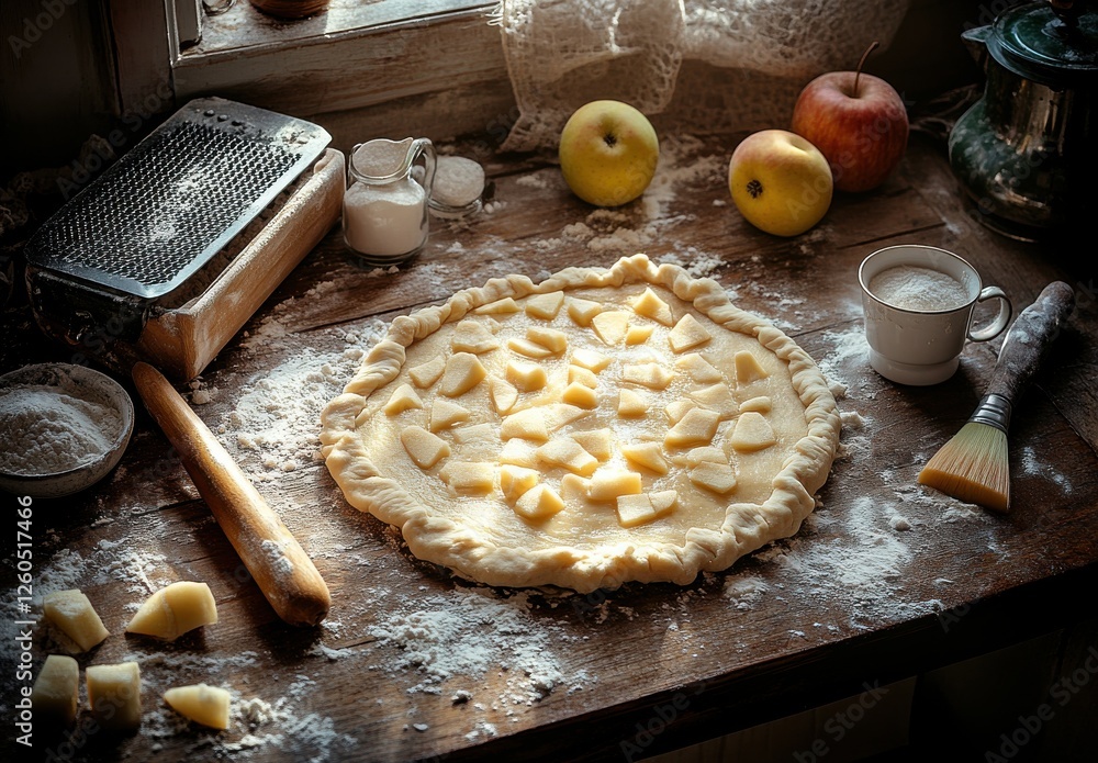 Poster homemade apple pie preparation with sliced apples on dough surrounded by kitchen utensils and ingred