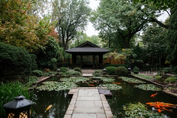 Peaceful Japanese garden with Koi pond, gazebo, and fall foliage, for relaxation