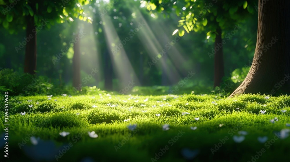 Poster a serene forest scene with soft sunlight filtering through lush green trees, illuminating a carpet o