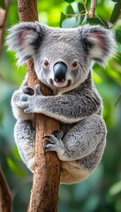 Smiling Koala Bear Clinging to Eucalyptus Branch, Wildlife Portrait in Lush Forest Scenery