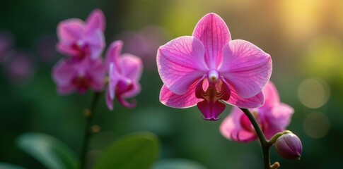 Naklejka premium Delicate orchid petals unfolding in morning dew, plant, orchid, leaves