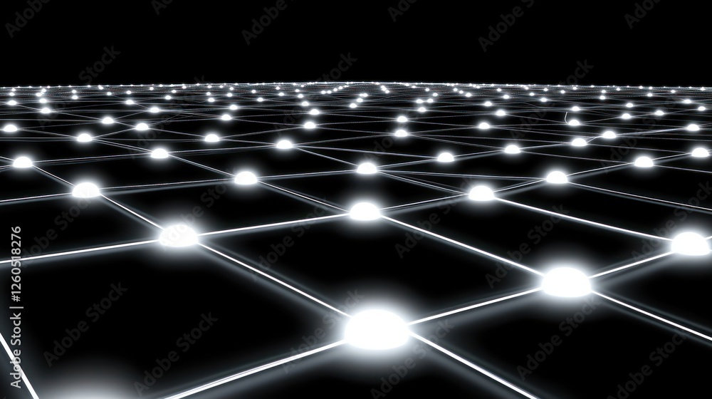 Poster connected network: abstract glowing nodes interconnected on dark background