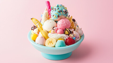 Fototapeta premium colorful and artistic ice cream sundae topped with various sweets and fruits, creating delightful dessert experience