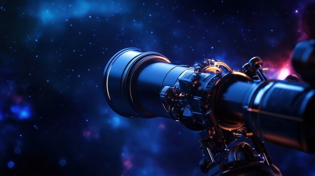 A close-up of a telescope pointing towards the cosmos, surrounded by a vibrant starry backdrop. It symbolizes exploration and discovery of the universe's wonders.