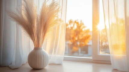 Sunlight Streaming Through a Window with Soft Curtains and a Vase of Dried Flowers