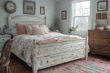 Shabby chic bedroom design cozy home interior decor distressed white furniture aesthetic vibe tranquil setting