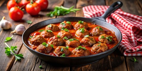 A sizzling meatball dish in a cast iron skillet with a rich tomato sauce simmering on top, comfort food