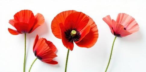 Naklejka premium Delicate red poppy petals unfolding on a crisp white background, petals, poppies, isolated