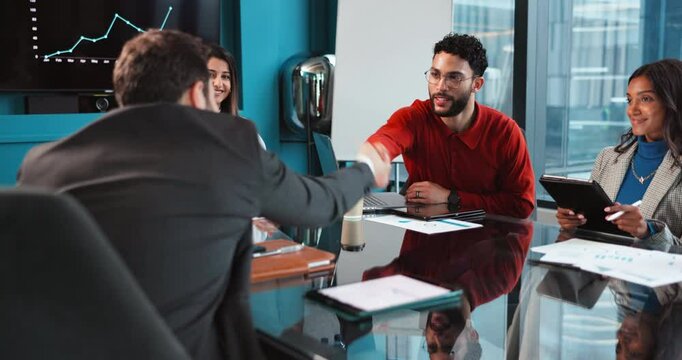 Business people, meeting or investor handshake for negotiation, funding agreement or b2b deal. Partnership, executive director or entrepreneur in office for collaboration, revenue sales or merger