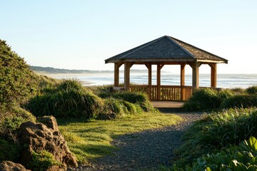 Scenic coast gazebo offering shelter in a seaside green space for relaxation