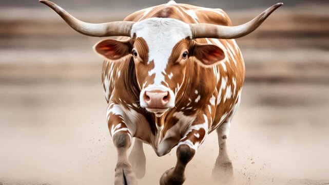A brown and white longhorn bull running towards the camera on a dirt path, showcasing its powerful build and long curved horns