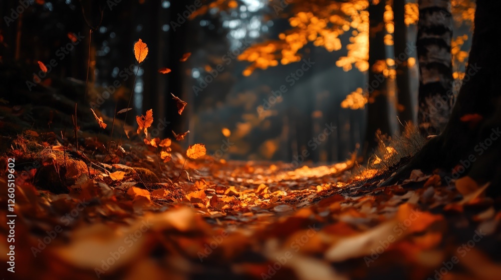 Poster a serene autumn scene showcasing a carpet of fallen leaves on a forest path, illuminated by warm sun