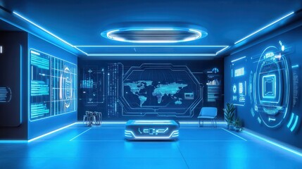 Obraz premium Futuristic Room Displays Global Data And Technology