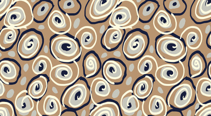 Unique abstract swirl organic shapes seamless pattern on a beige background. Vector hand drawn irregular shape circular. Contemporary background ornament for print