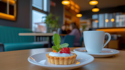 gourmet frozen berry tartlet elegantly plated with mint leaves, served with cup of coffee in cozy cafe setting
