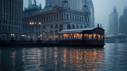 Naklejka premium Rainy Cityscape With Illuminated Waterfront Restaurant