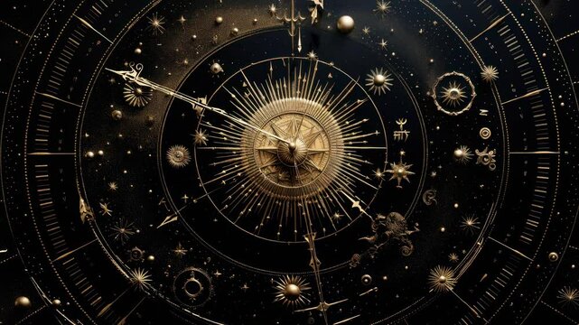 Top-down video of an intricate, celestial-themed clock with golden zodiac symbols on a dark background, evoking a mystical, cosmic style.