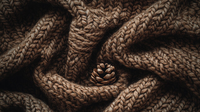 Textured brown knitted blanket with pine cone in cozy setting - Powered by Adobe