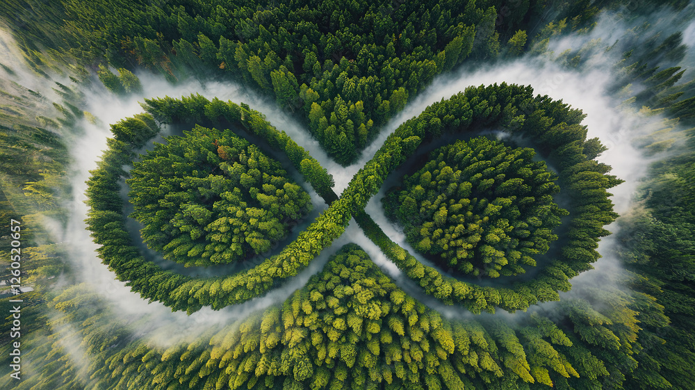 Poster an aerial view of a dense green forest forming an infinity symbol with mist, showcasing the endless 