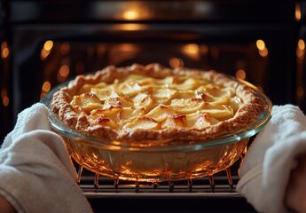 Warm apple pie being removed from the oven with golden crust and tender pieces of apples, soft light creating a cozy baking atmosphere