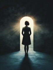 Obraz premium Backlit businesswoman standing in bright keyhole opening on dark background with mock up place and light rays. Dream, future and opportunity concept