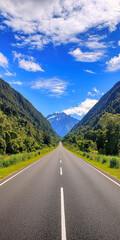 Fototapeta premium A stunning perspective of a long, winding road flanked by lush greenery and towering mountains under a vibrant blue sky, inviting exploration and adventure in nature's beauty.
