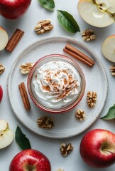 Whipped Cream Topped Apple Dessert with Cinnamon and Walnuts Surrounded by Fresh Red Apples and Green Leaves on a Light Background