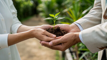 Hands Holding Young Plant, Symbol of Hope and Sustainability