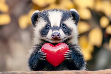 Cute badger baby with diamond red heart on in a natural habitat. Digital ads animal creative. Badger - my desired animal. Love story in nature. Animal couple in love. Expressive wildlife love.