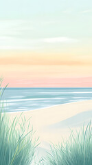 A simple illustration of a sandy beach with grasses and the ocean in soft pastel colors
