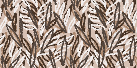 Abstract organic shapes pattern. Vector hand drawn sketch. Beige creative forms print on a brown background. Contemporary repeated ornament.