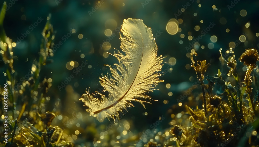 Poster serene image of a single feather gently floating amidst glistening plants and bokeh lights, evoking 