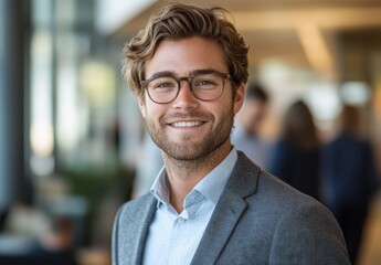 Young professional man with glasses smiling confidently in modern office environment, showcasing positive demeanor and approachable personality