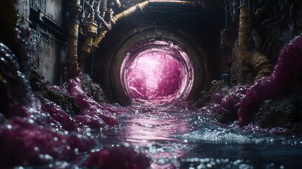 Mysterious pink liquid flows through a dark, industrial pipe, creating an eerie and surreal scene.