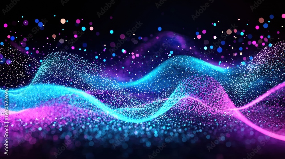Poster vibrant blue and purple particles form dynamic, glowing waves against a dark backdrop, creating a me