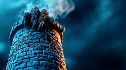 A dramatic close-up of a stone tower with a monstrous claw emerging, under a smoky blue sky