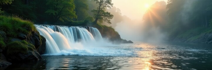 Misty morning with small waterfall on the river's surface, cloudy,