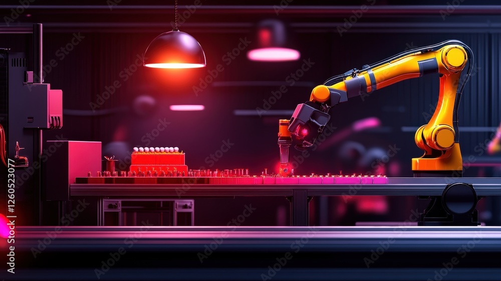 Poster a modern robotic arm operates in an industrial setting, showcasing automation and advanced technolog