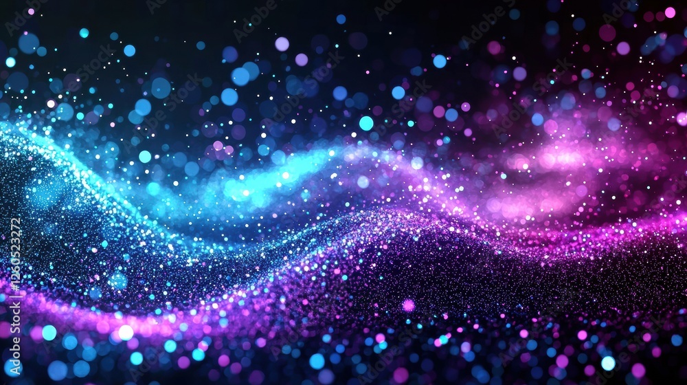 Fototapete glowing blue and purple particles create a wave-like pattern on a dark background, resembling a boke