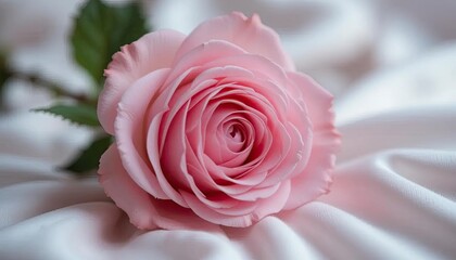 Close-up shot of a delicate pink rose placed on silky white fabric, showcasing its intricate details and elegance.
