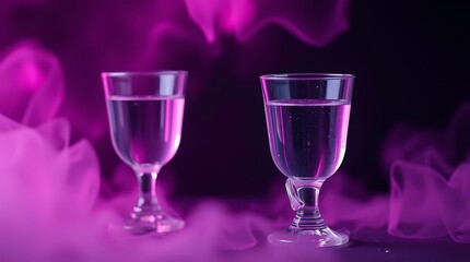 Transparent glasses with liquid on dark background with pink illumination
