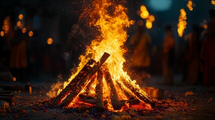 Holika dahan background with a large fire at night.