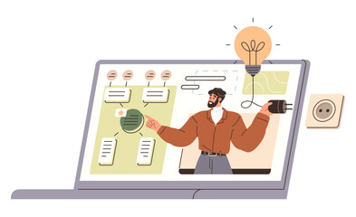 Man giving an online presentation on innovation, showing flowcharts, lightbulb ideas, and energy concepts on a laptop screen. Ideal for education, creativity, brainstorming, teamwork, technology
