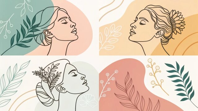 Minimalist line art illustration depicting a serene wellness scene with a meditating figure among leafy plants, designed in continuous thin lines on a neutral background. wellness, meditatio