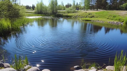 Foto auf Acrylglas Hotel Serene pond with concentric ripples, reflecting sunlight on calm water, surrounded by lush green vegetation and rocks.  © Putu