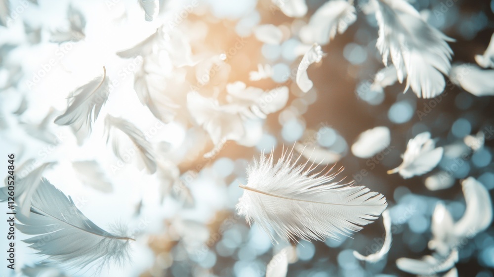 Aufkleber delicate white feathers float gracefully in a gentle breeze, illuminated by warm sunlight filtering 