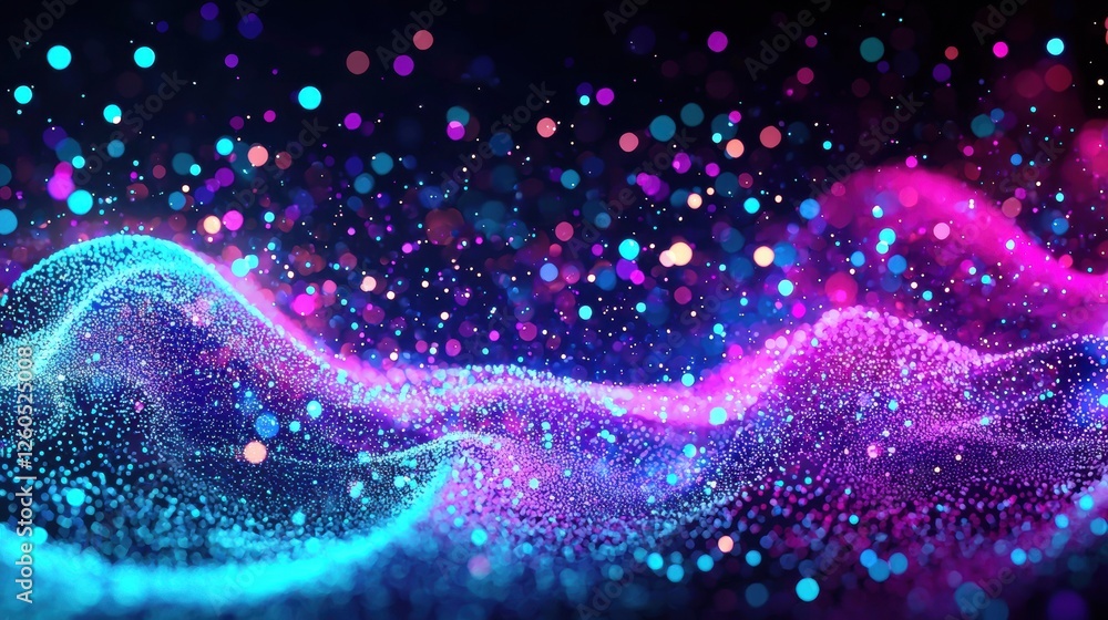 Poster Vibrant digital waves of glowing particles in blue and purple create a mesmerizing abstract background, perfect for technology and design concepts
