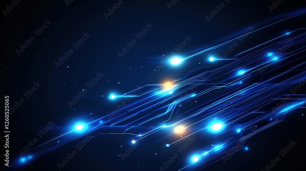 Poster an abstract representation of fast-moving digital lines emitting blue light, symbolizing speed, inno