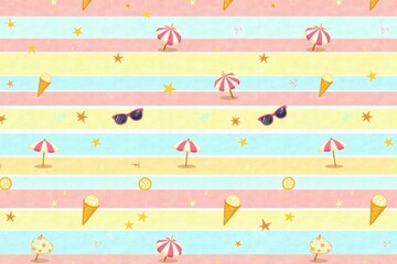 Pastel Striped Summertime Pattern Featuring Ice Cream Cones, Sunglasses, and Beach Umbrellas